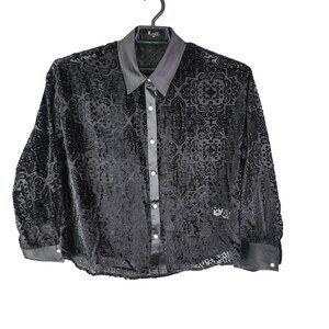 Women's Vintage Merritt Black Velvet Burnout Blouse Top Button-Up Long Sleeve L
